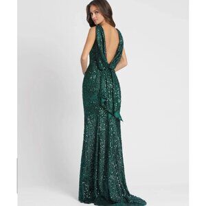 Ieena for Mac Duggal Emerald Sequin Gown – Open Cowl Back – Style 26331